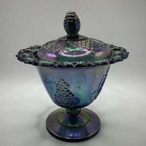 Vintage Indiana Glass Harvest Grape Iridescent Blue Covered Pedestal Candy Dish